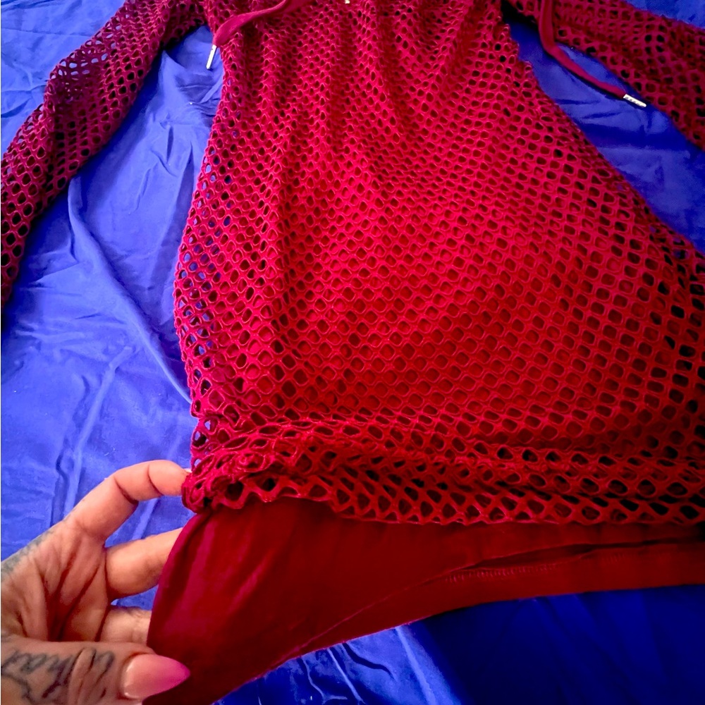 Med Maroon fishnet mini dress with attached slip